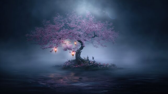 Mystical glowing tree with lanterns in foggy forest at night.