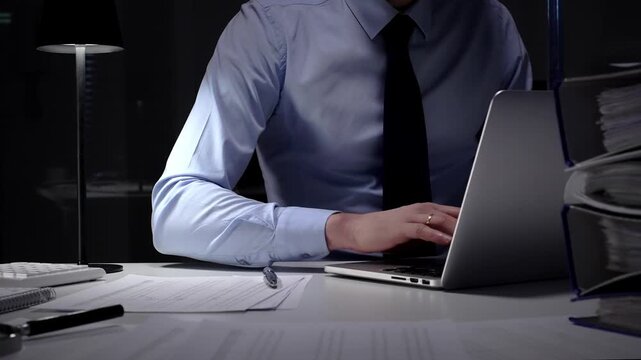 Businessman working late at night, typing on laptop, meeting deadlines and managing corporate finance administration. Audit and taxes in business