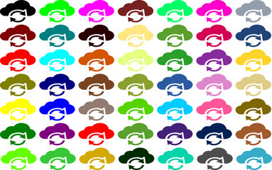 Fototapeta premium Multitude of colorful cloud icons with refresh arrows, signifying cloud computing, data synchronization, and network storage solutions for digital services
