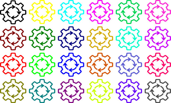 Various colorful gear icons with arrows, representing rotation, cycles, and mechanical processes, useful for industry and technology themed designs
