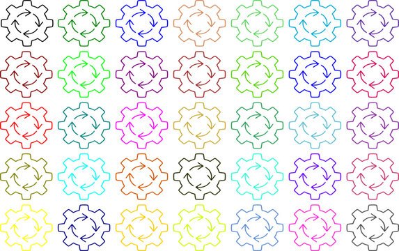 Array of outlined gears with arrows in multiple colors, indicating mechanical function, industry processes, and technological development for creative use