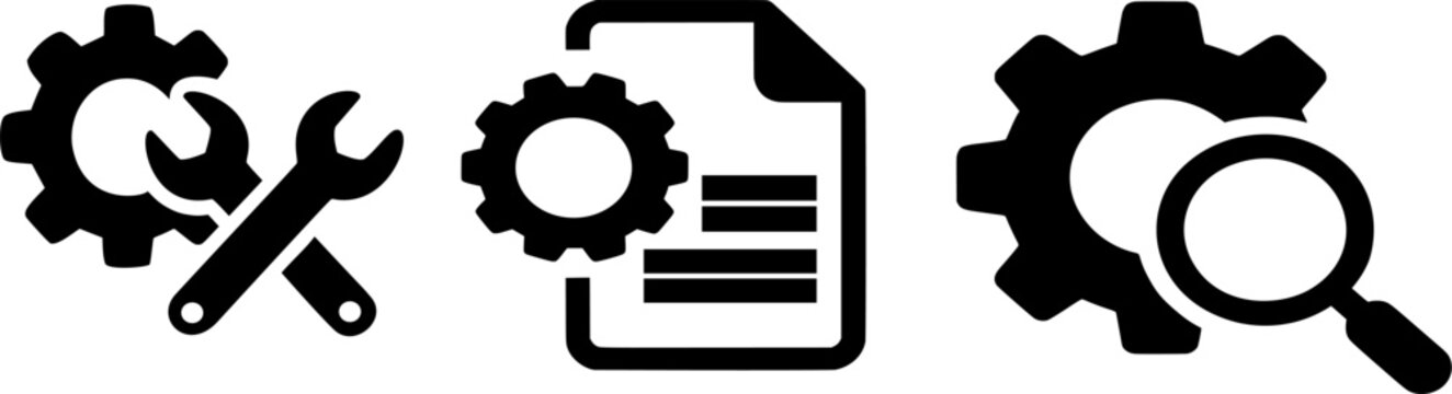 Settings tools and document analysis icons. essential vector graphics for process optimization, maintenance, and detailed data examination