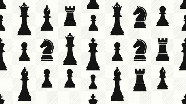 Seamless pattern of black chess pieces on white background for design