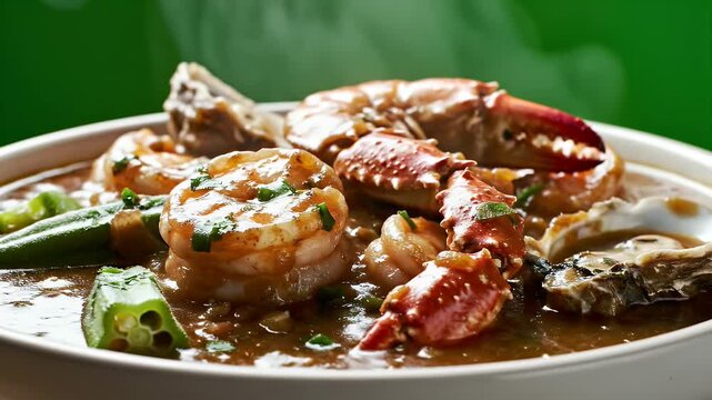 Delicious Seafood Gumbo Soup With Shrimp Crab Claws Okra And Dark Broth Steam Rising In A White Bowl With Green Background Cinematic Shot