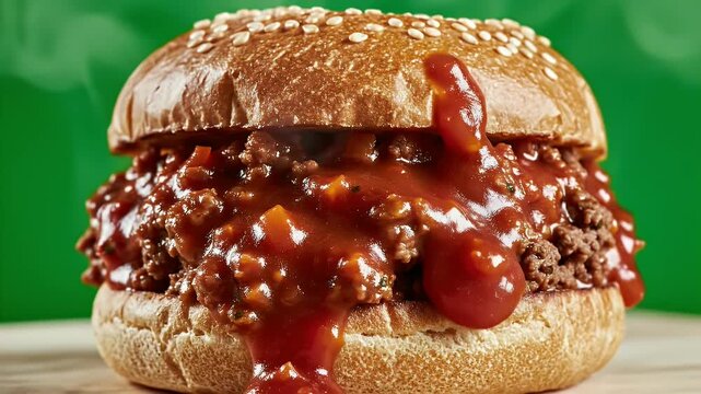 Delicious Sloppy Joe Sandwich Close Up with Toasted Sesame Seed Bun and Rich Savory Meat Filling on a Wooden Surface with Blurred Green Background