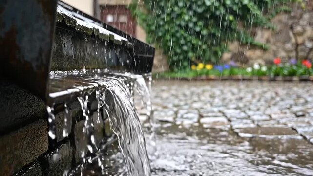 Rainwater flowing from a gutter onto a cobblestone path.