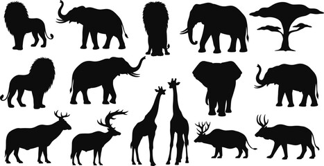 Wild African animals black silhouettes set, including lions, elephants, giraffes, and various antelopes © Creative Rejia
