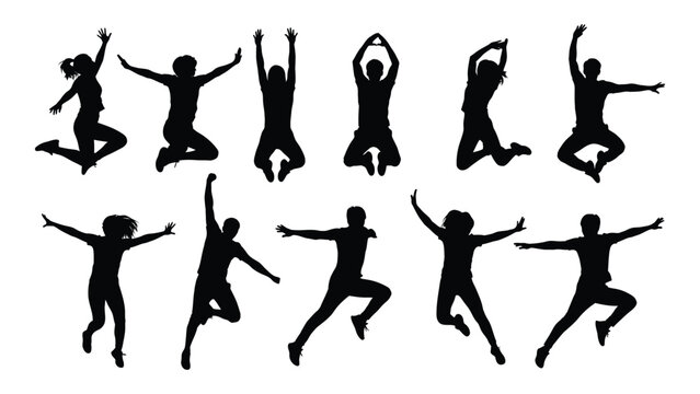 Collection of diverse silhouette figures in various jumping and leaping poses