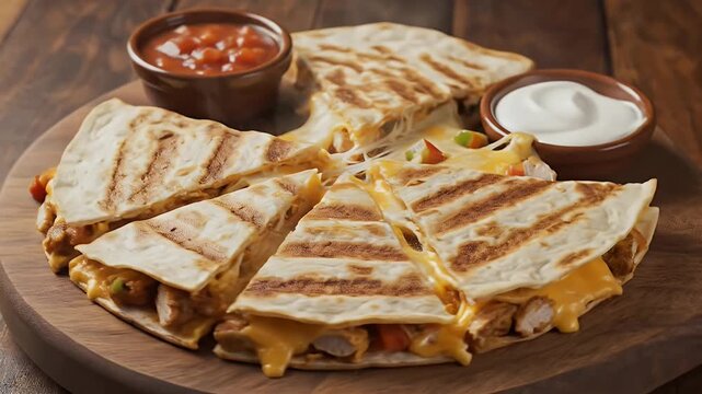 Delicious Tex Mex Chicken Quesadilla Slices Served With Salsa And Sour Cream on Wooden Board Seamless Loop
