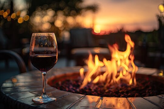Red wine in a glass by a fire pit at sunset