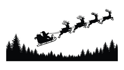 A festive christmas scene: santa's sleigh ride through a snowy forest at dusk on a winter evening with reindeer leading the way © Bipul