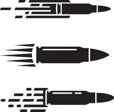 Three different styles of black silhouettes of flying bullets moving at high speed on white background