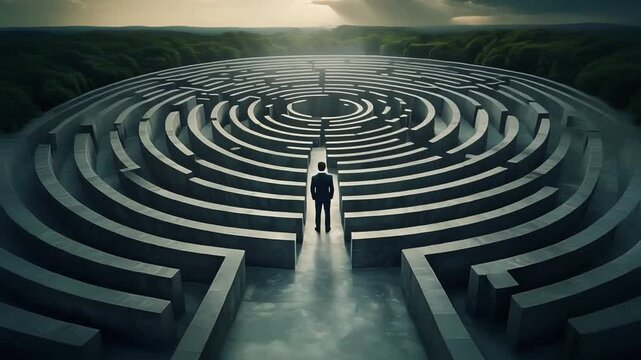 Man standing alone in circular maze symbolizing confusion search and life journey