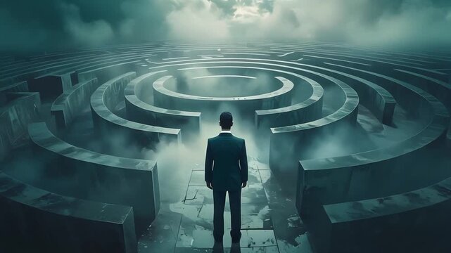 Lone person in large labyrinth representing problem solving and self discovery