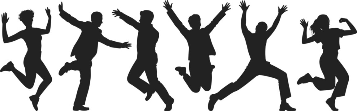 Dancing people silhouettes, energetic dance poses, group dancers illustration, modern dance silhouettes, black dancer figures, party movement concept