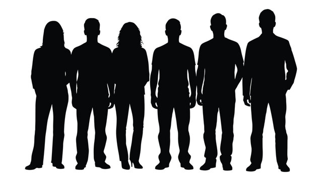 A group of six people standing in a line, depicted in black silhouette against a white background, conveying a sense of unity and solidarity, possibly representing a team, family, or community