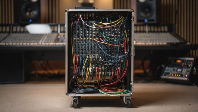 Medium frame featuring a mobile rack tower in a studio environment highlighting the structured patchbay connections with the rest of the studio gently out of focus.