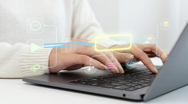 Professional woman with visionary mood presenting neural network brain with AI agents ecosystem above laptop against white background with copy space