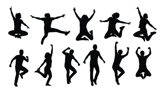 Collection of black silhouette illustrations of people in various dance and movement poses