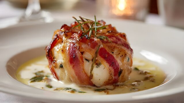 Roasted Monkfish Fillet Wrapped in Smoked Bacon with Creamy White Wine Sauce and Microgreens