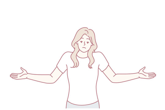 Unsure woman throws up hands demonstrating lack of correct answer to question asked. Non-professional girl in casual clothes shows lack of solution to problems that have arisen. Flat vector image