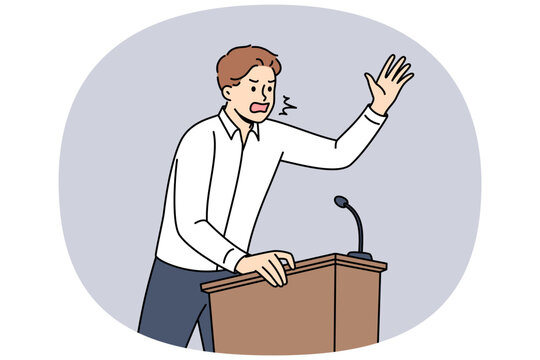 Fiery politician shouts into microphone, standing behind podium and expressing far-right ideas to improve people lives. Fierce left-wing politician insults opponents to win pre-election debate
