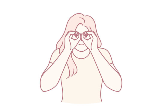 Curious woman looking at screen using hands instead of binoculars wants to know someone else secret. Focused lady raises palms to eyes to get closer look at distant object.. Flat vector image