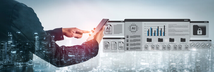 A businessman interacts with a smartphone, surrounded by a futuristic interface displaying data...