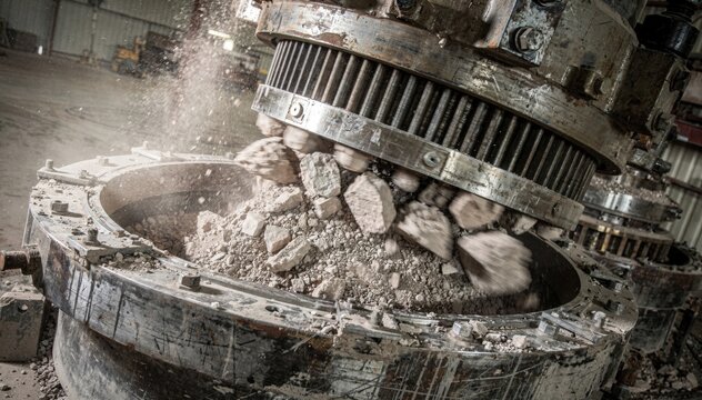 Closeup medium shot of cone crushers rotating and compressing phosphate rock fragments into fine gravel highlighting mechanical precision and powerful crushing forces.
