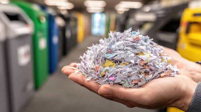 Person holding handful of shredded paper in front of recycling bins