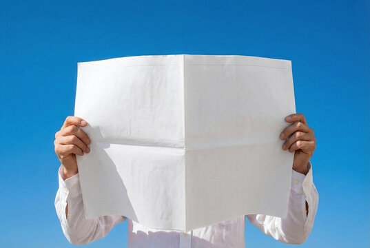 Newspaper mockup. Person Holding Blank white Newspaper Against Blue Sky Background, ideal for front and back page newspaper mockup.