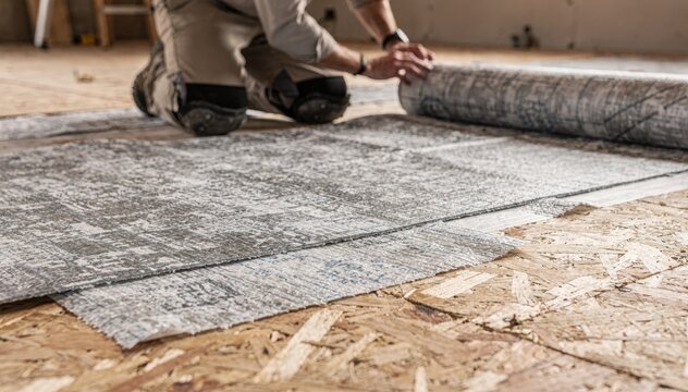 Medium shot capturing the application of a decoupling layer on plywood subfloor focusing on texture details with the installer slightly out of focus.
