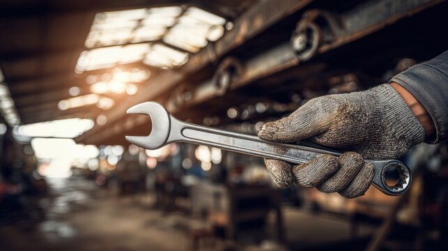 Mechanic hand in dirty glove holding wrench in industrial workshop