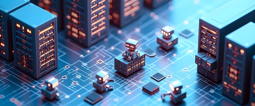Agentic AI innovation: Autonomous virtual assistants for intelligent automation. Isometric Illustration of AI Multi-Agent Orchestration in Data Center