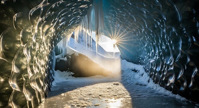 Stunning ice cave interior with sun rays with Iceland, winter adventure, and glacial wonder.