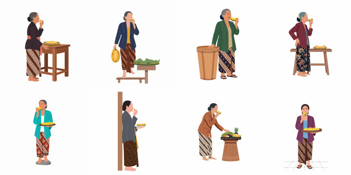 Collection of Indonesian elderly women in traditional kebaya and batik sarong eating and selling tropical fruits, flat vector illustration on white background.