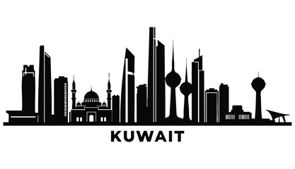 Fototapeta premium vector-style silhouette of the Kuwait City skyline set against a stark white background, featuring a horizontal arrangement of iconic buildings rendered in solid black
