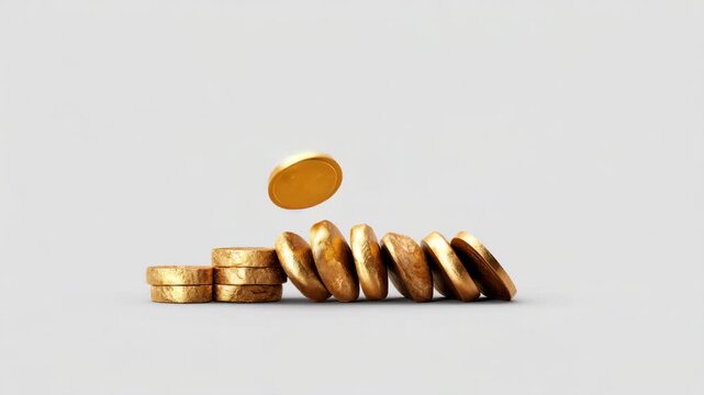 Gold coin stack money finance investment saving wealth concept, falling golden currency and digital coin stack, balance risk volatility