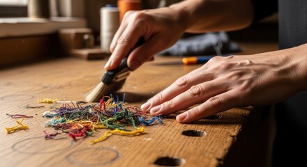 Obraz premium Craftsman working with colorful beads on wood.