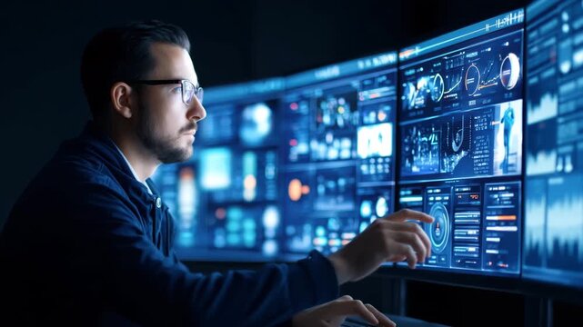 Cybersecurity data analysis control room computer screen monitoring technology office man engineer studies digital dashboard network security data
