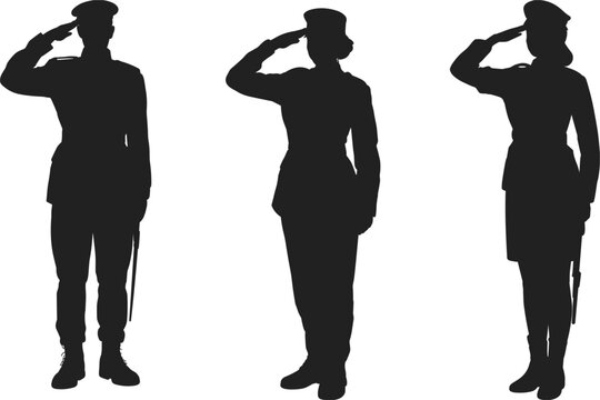 Military soldier silhouette vector set, male and female army officers saluting in uniform for patriotic veterans day