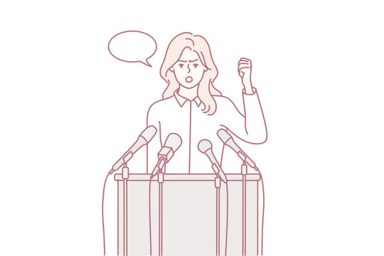Professional woman politician speaks standing behind wooden tribune with microphones and waving hand. Young girl activist stands for tougher environmental regulations. Flat vector illustration