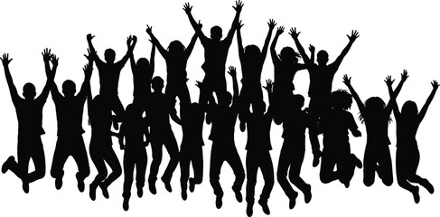 Silhouette of joyful group of children jumping together with raised arms, symbolizing unity, celebration, happiness, teamwork, and youthful energy in a festive atmosphere.