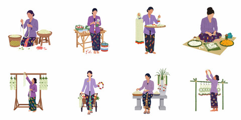 Set of flat illustrations featuring traditional Javanese women crafting and selling jasmine flower garlands in various poses and settings. © Nadya