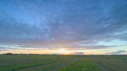 A Serene Sunrise Unfolds Over Endless Fields, Showcasing the Beauty of Natures Splendor