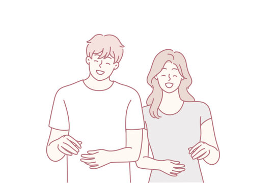 Happy man and woman stands and smiling experience positive emotions from walking together. Everyday zoomers boy and girl are laughing while discussing funny life stories. Flat vector image