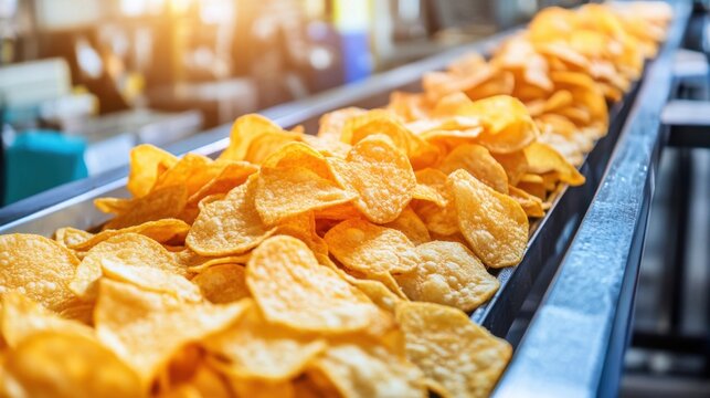 Golden Potato Chips Moving on Production Line