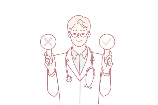 Man doctor with stethosop around neck demonstrates signs with check mark and cross. Young guy therapist in white coat shows signs of presence or absence of disease in patient. Flat vector design
