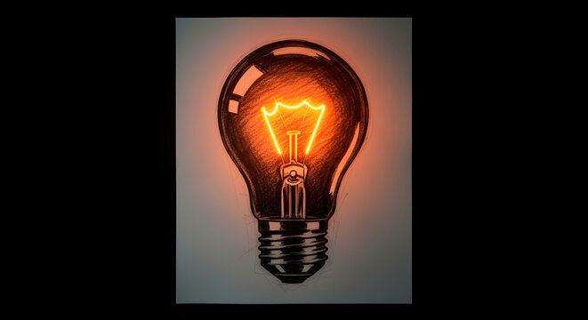 Glowing light bulb pencil sketch drawing with orange filament on dark background