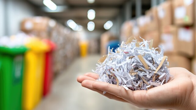 Person holding pile of shredded paper in warehouse with recycling bins
